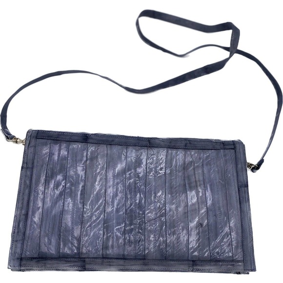 Vtg Eel Skin Leather Handbag Clutch Purse Grey Charcoal Matching Removable Strap - Picture 2 of 4